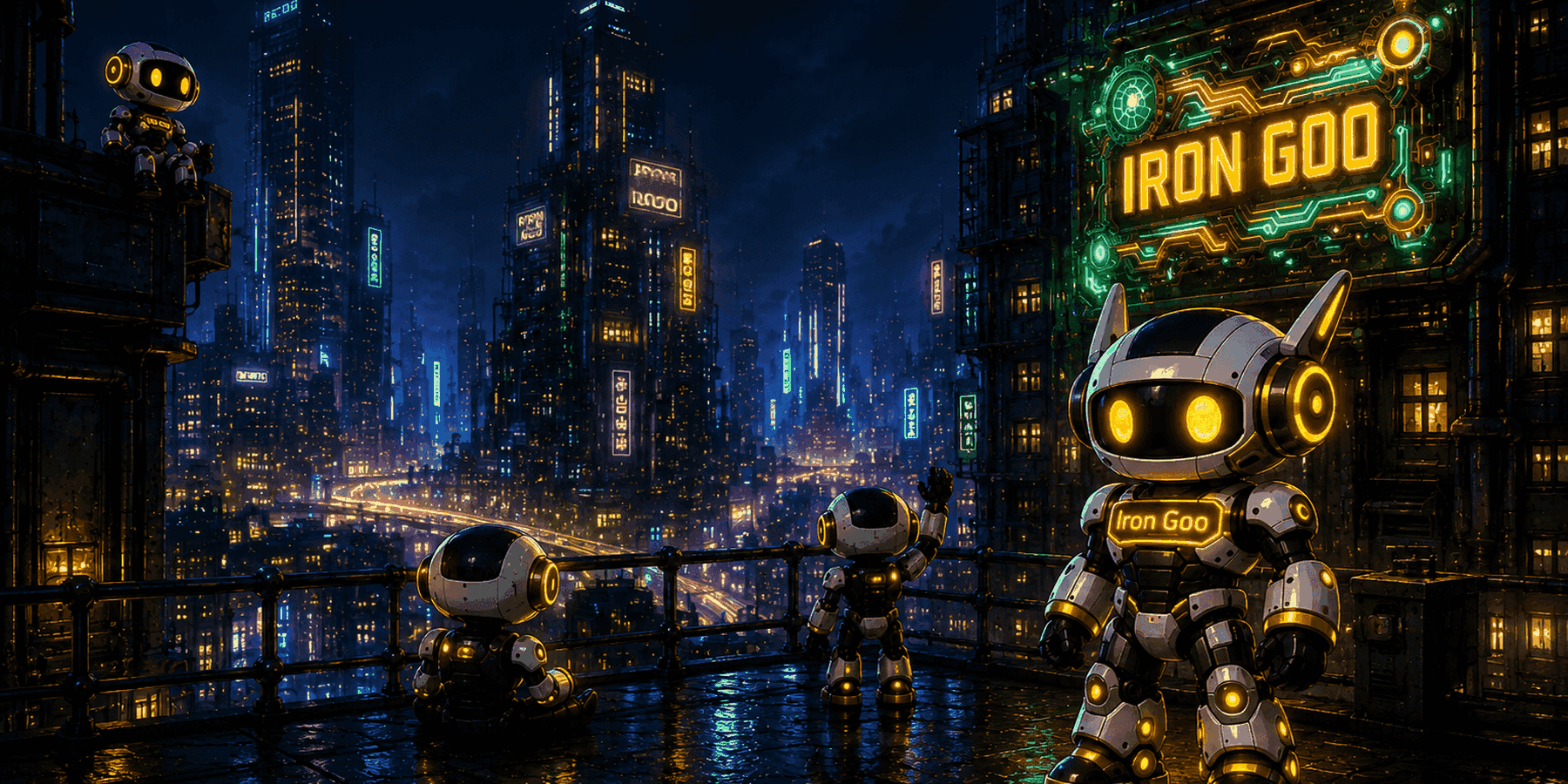 Iron Goo maskotu ve robot ekibi, neon cyberpunk şehir manzarasında parlayan IRON GOO tabelası altında.