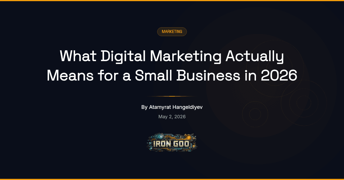 Iron Goo blog featured image defining digital marketing for a small business in 2026 across the major channels.