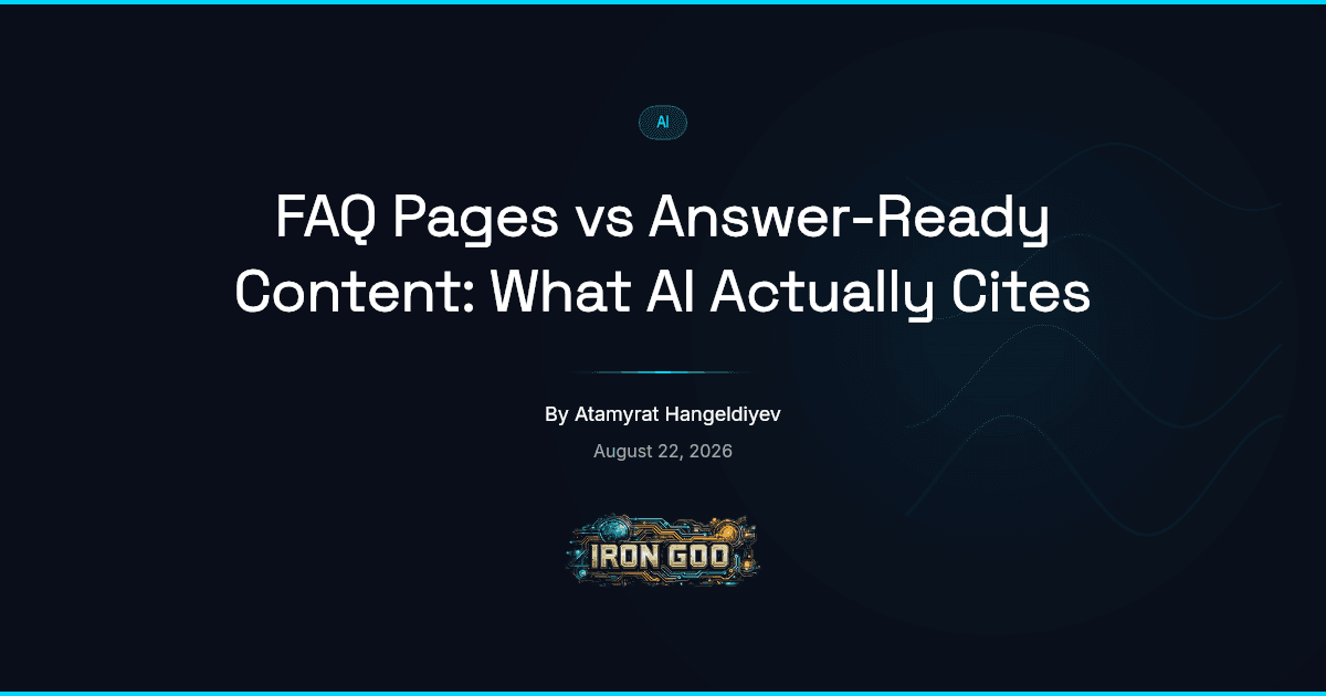 Iron Goo blog featured image contrasting a tidy FAQ widget with genuinely answer-ready content an AI engine cites.