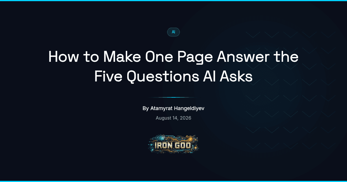 Iron Goo blog featured image of one page split into sections that each answer a different question an AI assistant asks.