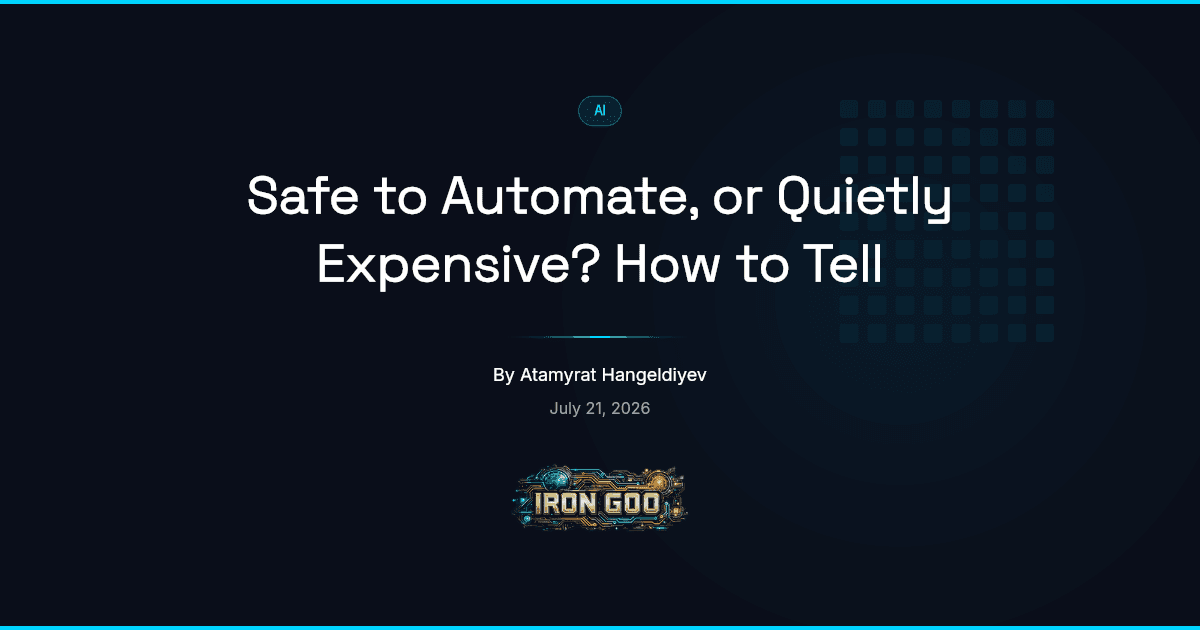 Iron Goo blog featured image sorting small-business tasks into safe to automate, keep a human in the loop, and leave alone.