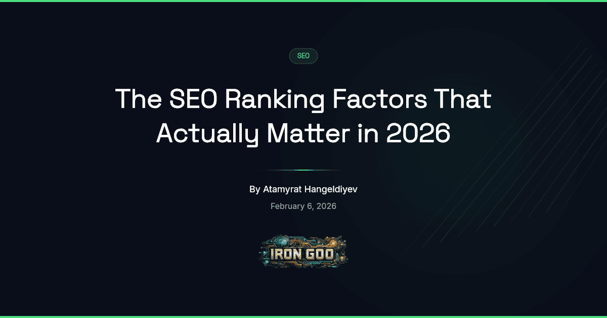 Iron Goo blog featured image listing the SEO ranking factors that actually move pages in 2026 and the judgment behind them.