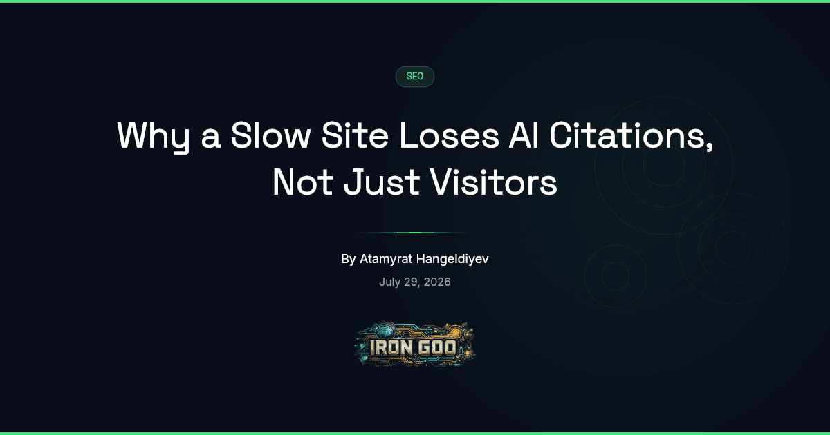 Iron Goo blog featured image showing an AI platform timing out on a slow page and citing a faster competitor instead.