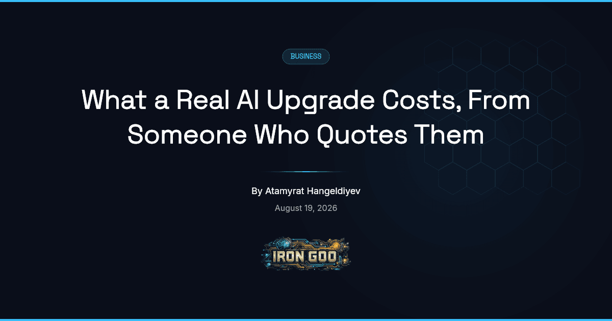Iron Goo blog featured image on honest AI upgrade pricing told plainly, against the book-a-call-for-pricing wall.