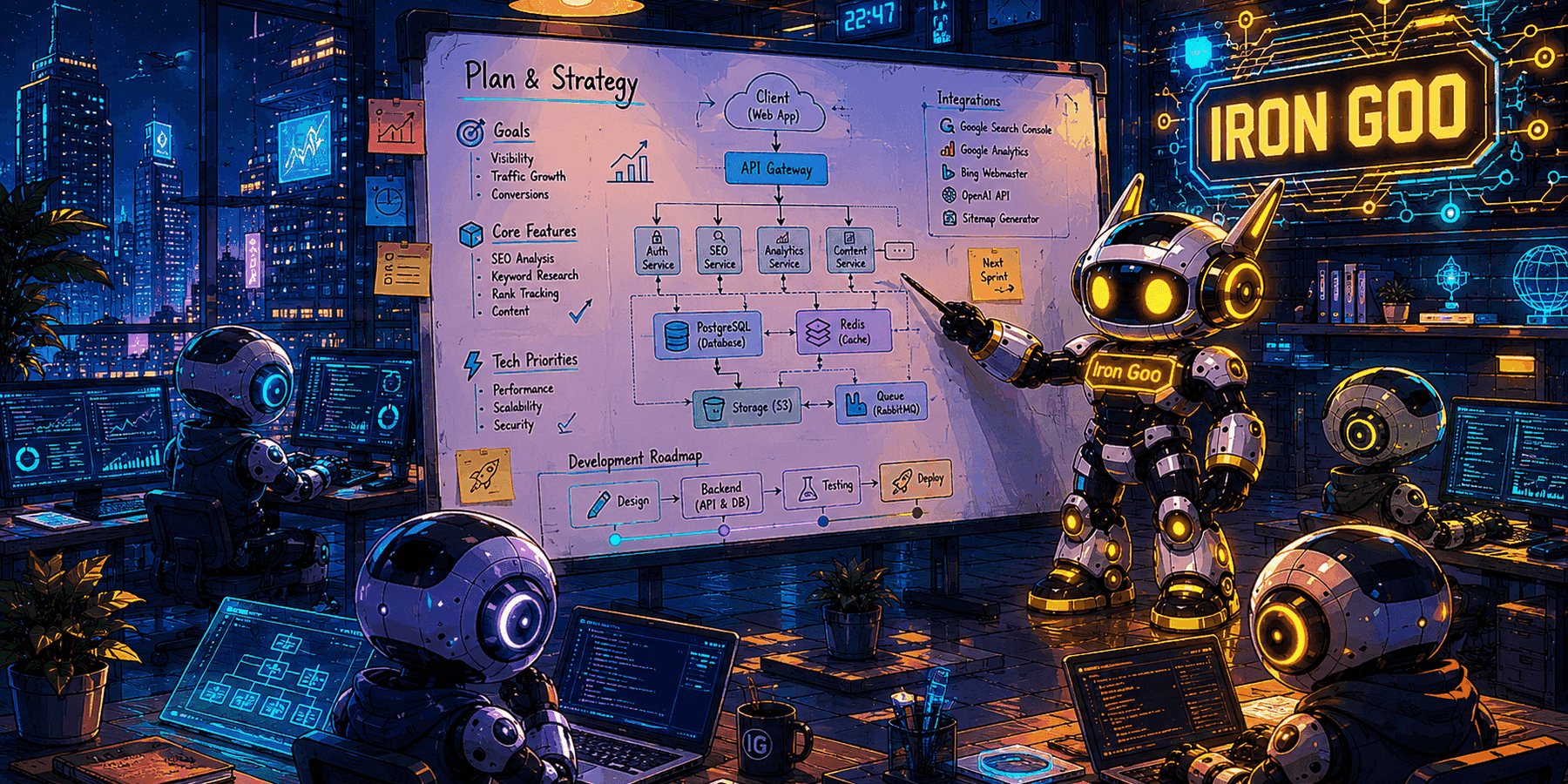 Iron Goo maskotu robot ekibini API mimarisi ve yol haritası 'Plan ve Strateji' tahtasında yönlendiriyor.