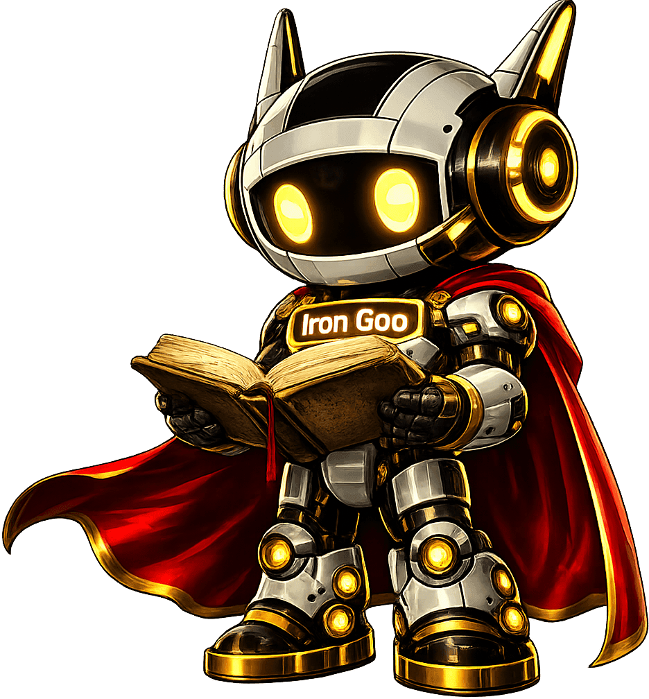 'Iron Goo' etiketli bir kılavuzu okuyan Iron Goo maskotu; modern web altyapısı üzerine çalışıyor.