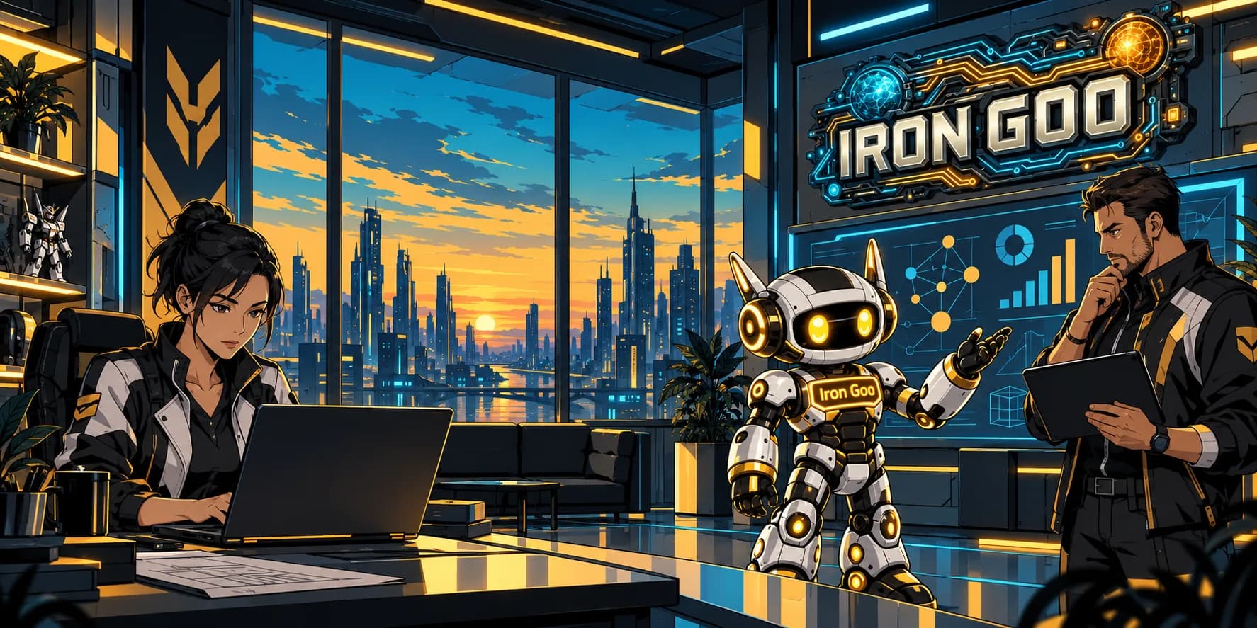 Iron Goo team members use a laptop and tablet as the Iron Goo mascot gestures in an office beneath an IRON GOO sign.