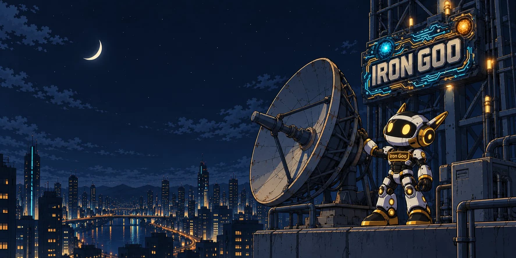 Iron Goo mascot touching a satellite dish on a city rooftop at night beneath an IRON GOO sign.