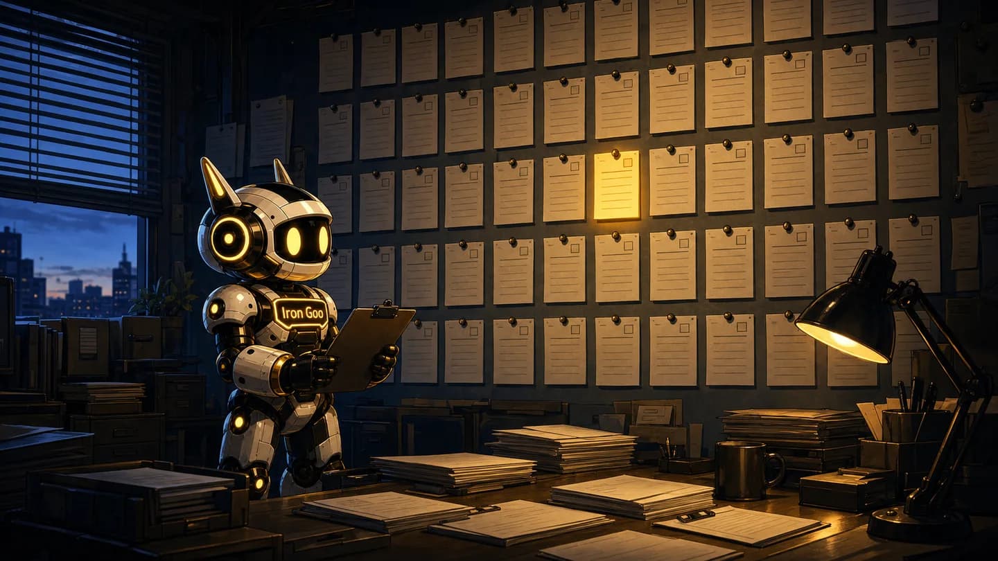 A robot holding a clipboard studies a wall of identical pinned forms in an early-morning back office, one form glowing amber.