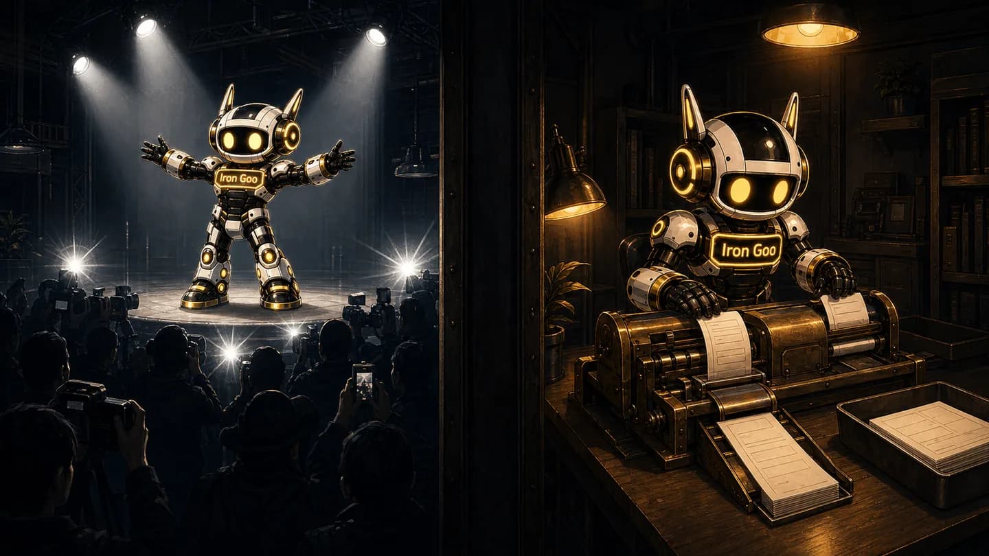 A crowd films a spotlit robot performing on stage while an identical robot quietly feeds paperwork through a machine at a desk next door.