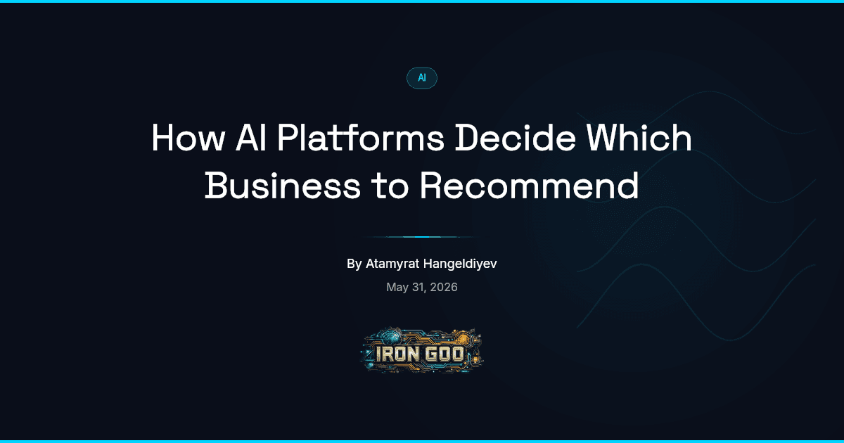 Iron Goo blog featured image on the signals an AI assistant weighs before naming a small business in its answer.