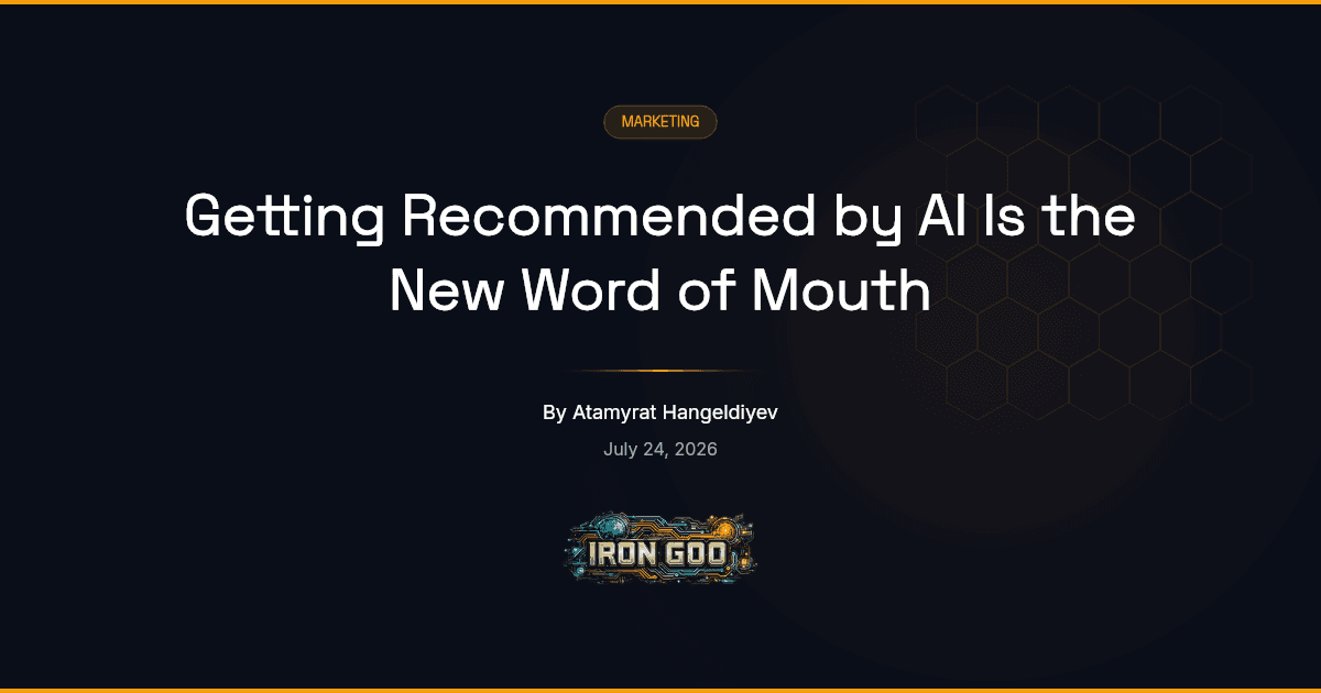 Iron Goo blog featured image showing a customer referral moving from a neighbor's recommendation to an AI assistant's answer.