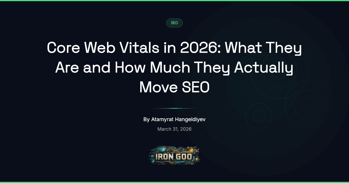 Iron Goo blog featured image defining the three Core Web Vitals for an SMB and the honest 2026 ranking-weight call.