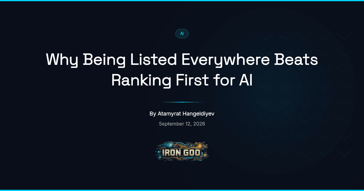 Iron Goo blog featured image on a business AI names for showing up consistently across many sources, not ranking first.