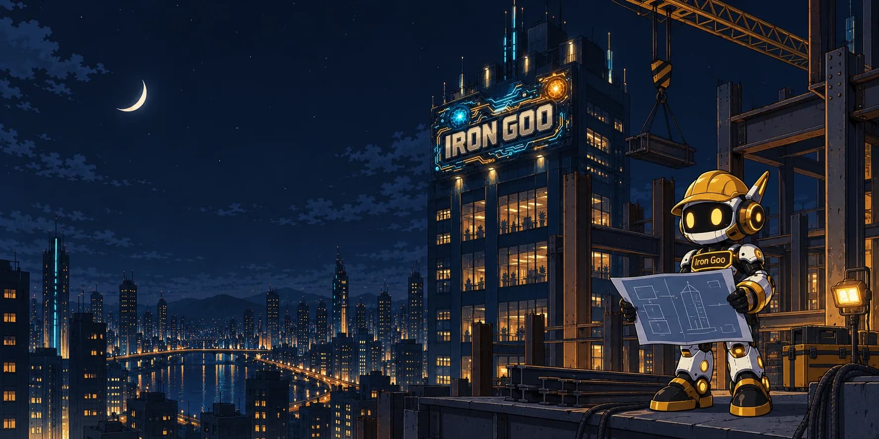 Iron Goo mascot in a hard hat stands holding a blueprint at a night construction site beside an IRON GOO sign.