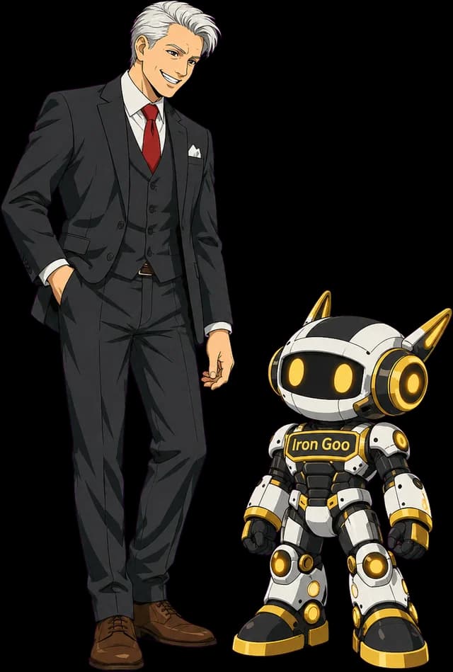 Iron Goo mascot standing beside a growing-company owner in a suit, signalling the foundation buyer profile.