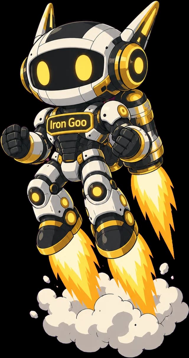 Iron Goo mascot lifting off on rocket boosters, illustrating the audit, build, and operate phases.