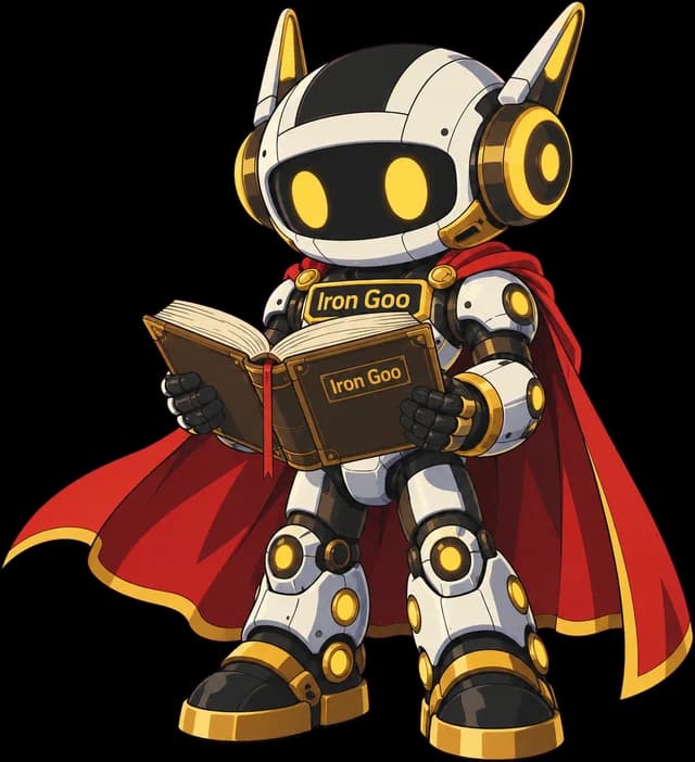 Iron Goo mascot reading a manual labeled 'Iron Goo', studying the modern web foundation.