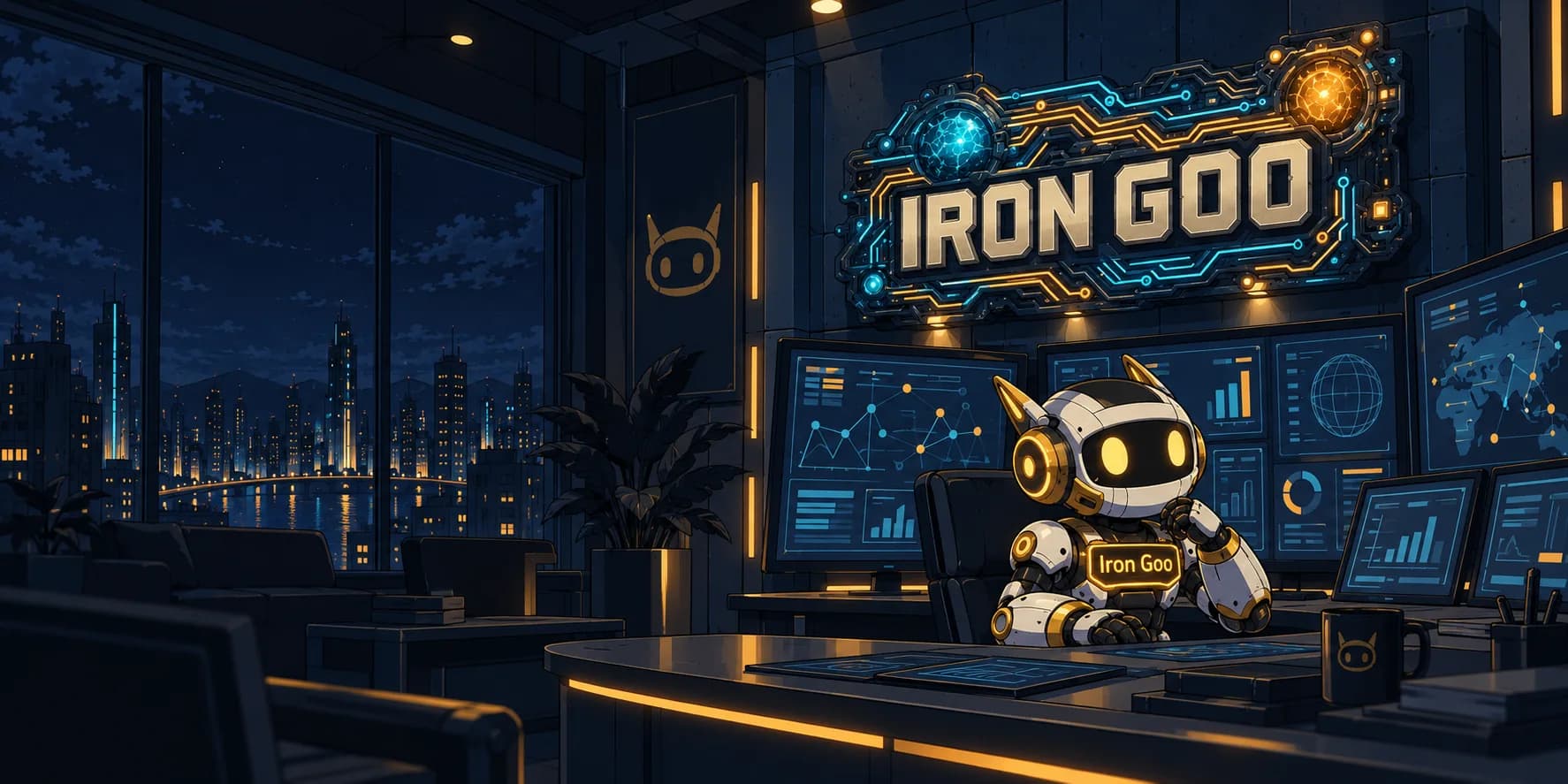 Iron Goo mascot sits at a desk in a dark room with dashboard screens and an IRON GOO sign.