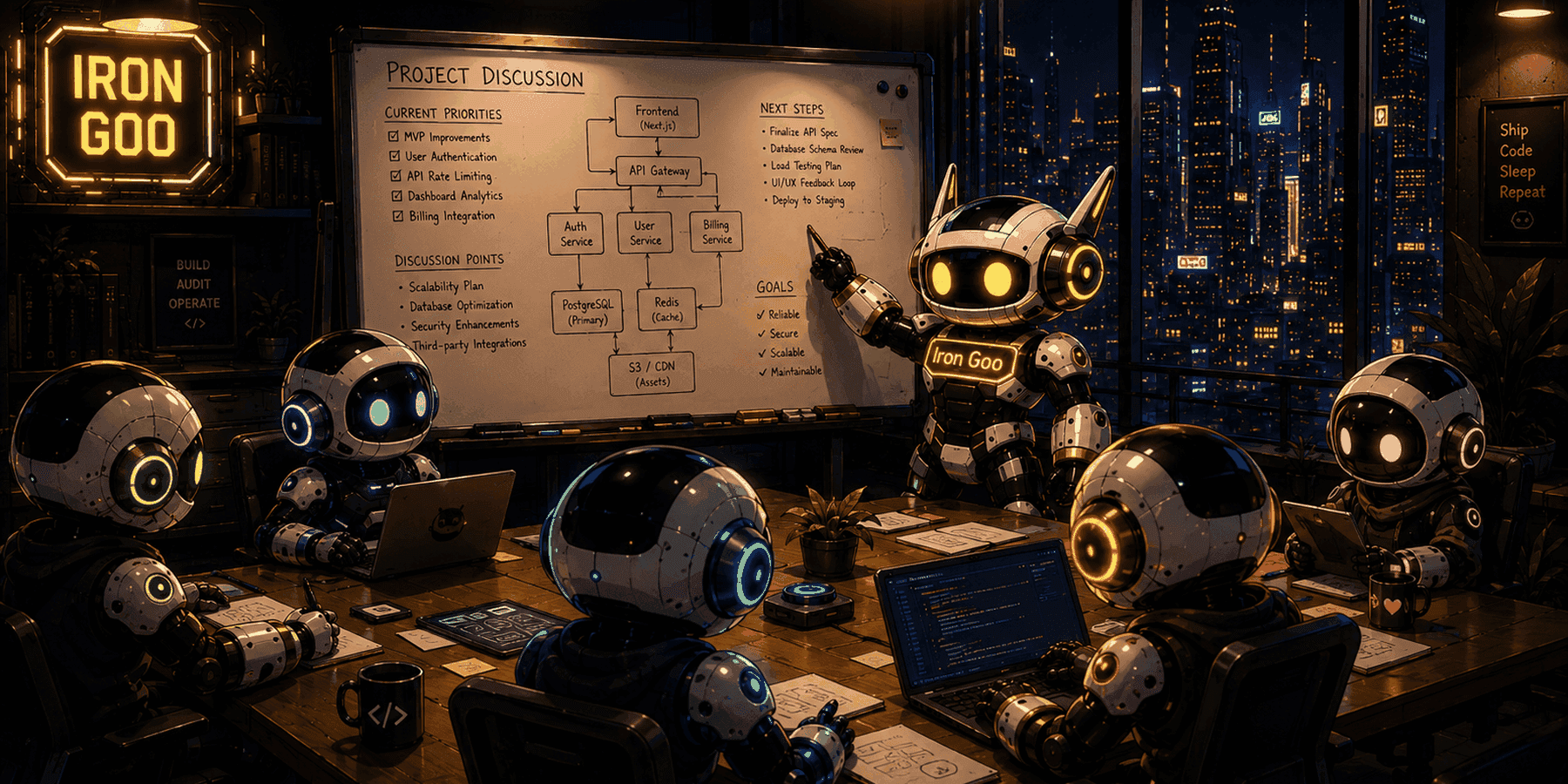 Iron Goo maskotu ve robot ekibi 'Proje Görüşmesi' tahtasında öncelikler ve sonraki adımları yönetiyor.