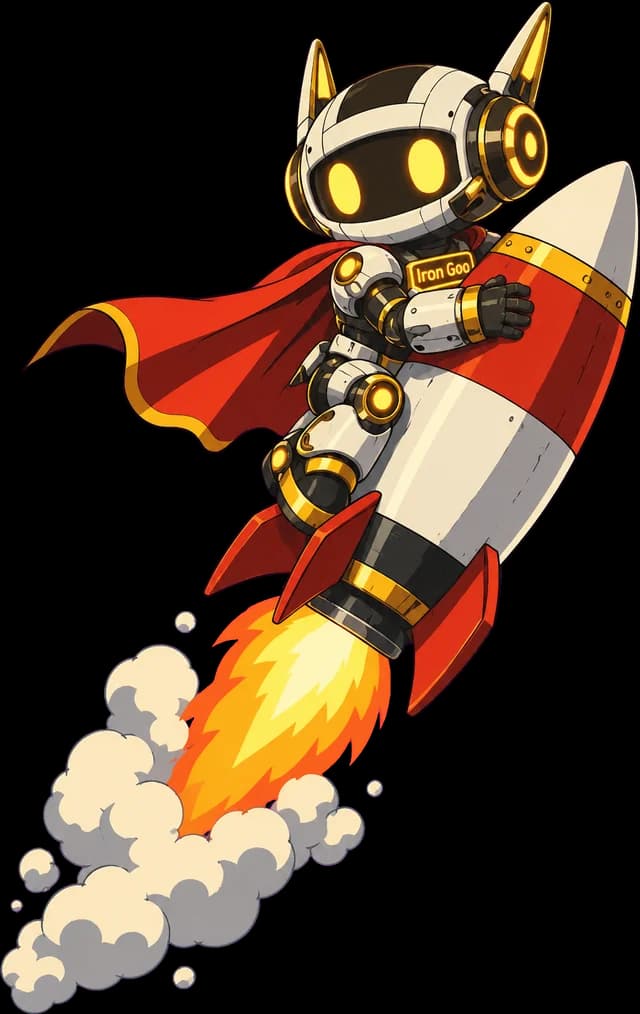 Three phases — audit, build, operate. Iron Goo mascot launching on a rocket with a red cape and exhaust trail, illustrating the audit, build, and operate phases of an operations engagement.