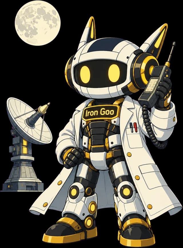 The front-desk half — chatbots handling the boring 80% of inbound. Iron Goo mascot in a lab coat taking a customer phone call beside a satellite dish, illustrating the front-desk chatbot half of an AI operations engagement.