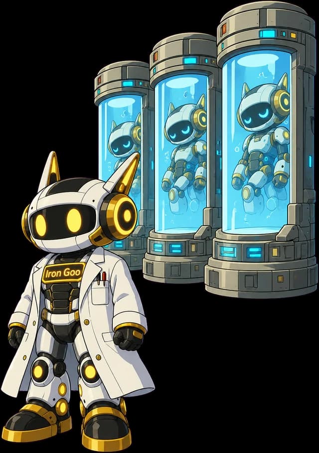 The internal half: an always-on agentic operations layer running your ops work. Iron Goo mascot in a lab coat overseeing three cylindrical agent pods, illustrating the internal-operations half of an AI operations engagement.
