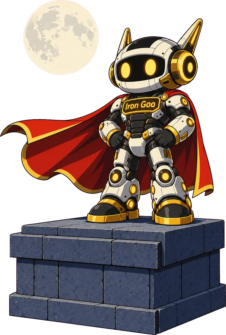 Iron Goo mascot standing on a stone pedestal under the moon, the Answer Engine Optimization (AEO) sentinel.