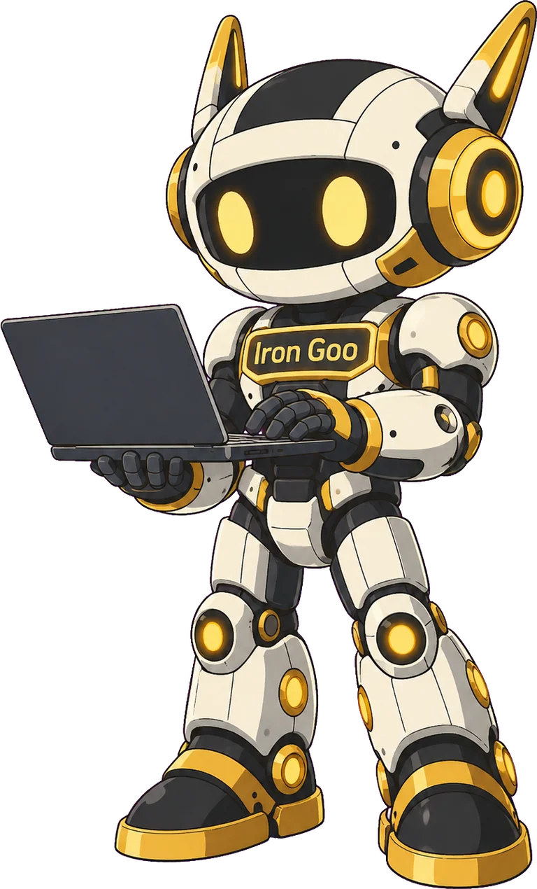 Iron Goo mascot operating a laptop, the agent-legible face of Agentic Engine Optimization.
