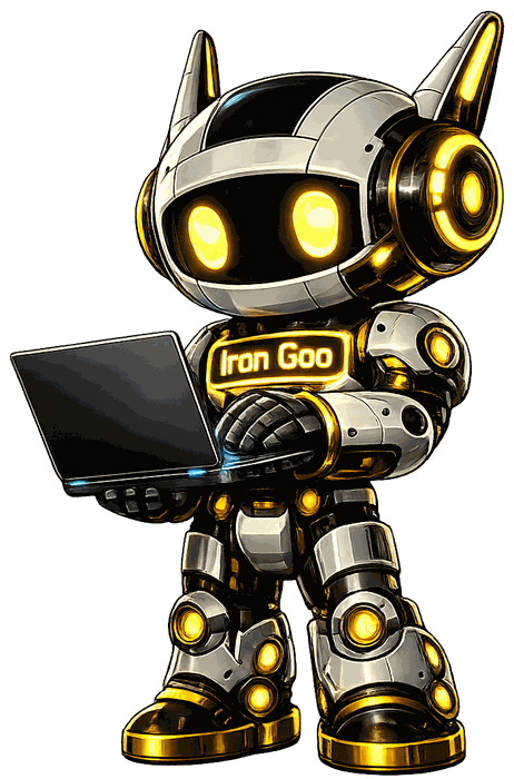 Laptop kullanan Iron Goo maskotu; Agentic Engine Optimization'ın ajan-okunur yüzü.