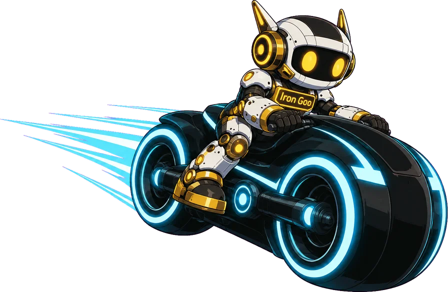 Iron Goo mascot riding a neon lightcycle, illustrating how AIO sweeps across the full AI-search field.