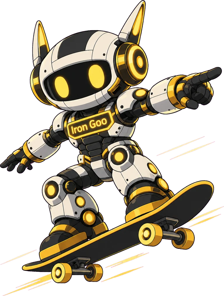 Iron Goo mascot riding a skateboard, the engineering momentum behind the AIO delivery methodology.