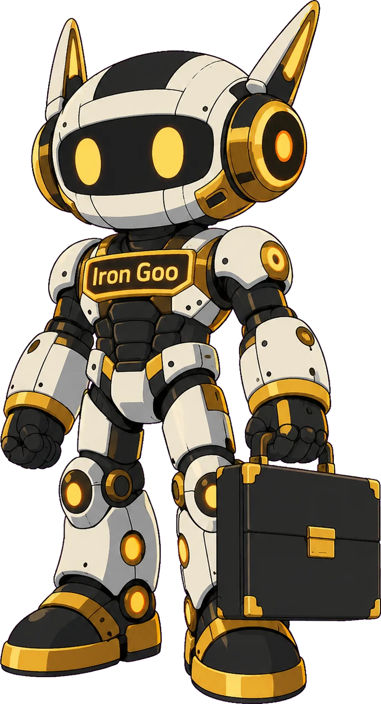 Iron Goo mascot carrying a briefcase, the AIO service for business owners weighing the AI-search shift.