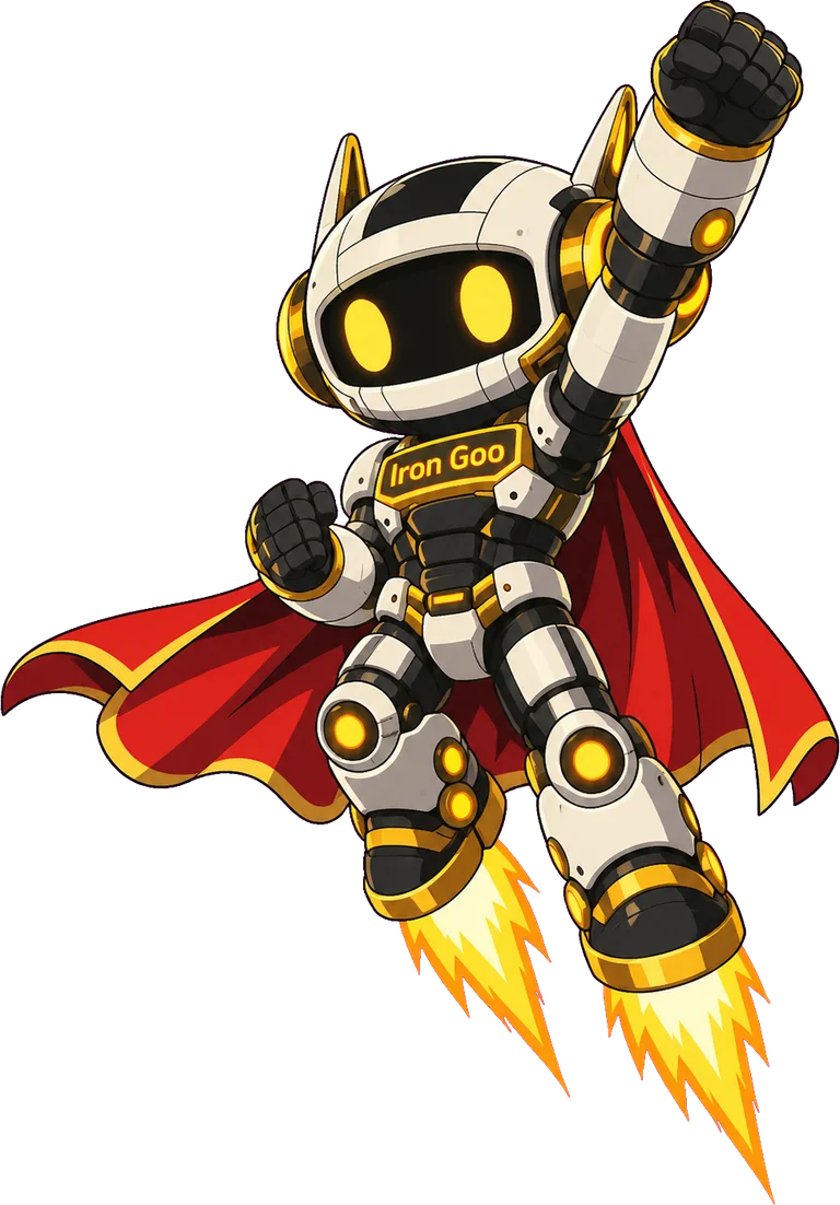 Iron Goo mascot in flight with a red cape and jet boots, the Generative Engine Optimization (GEO) hero.