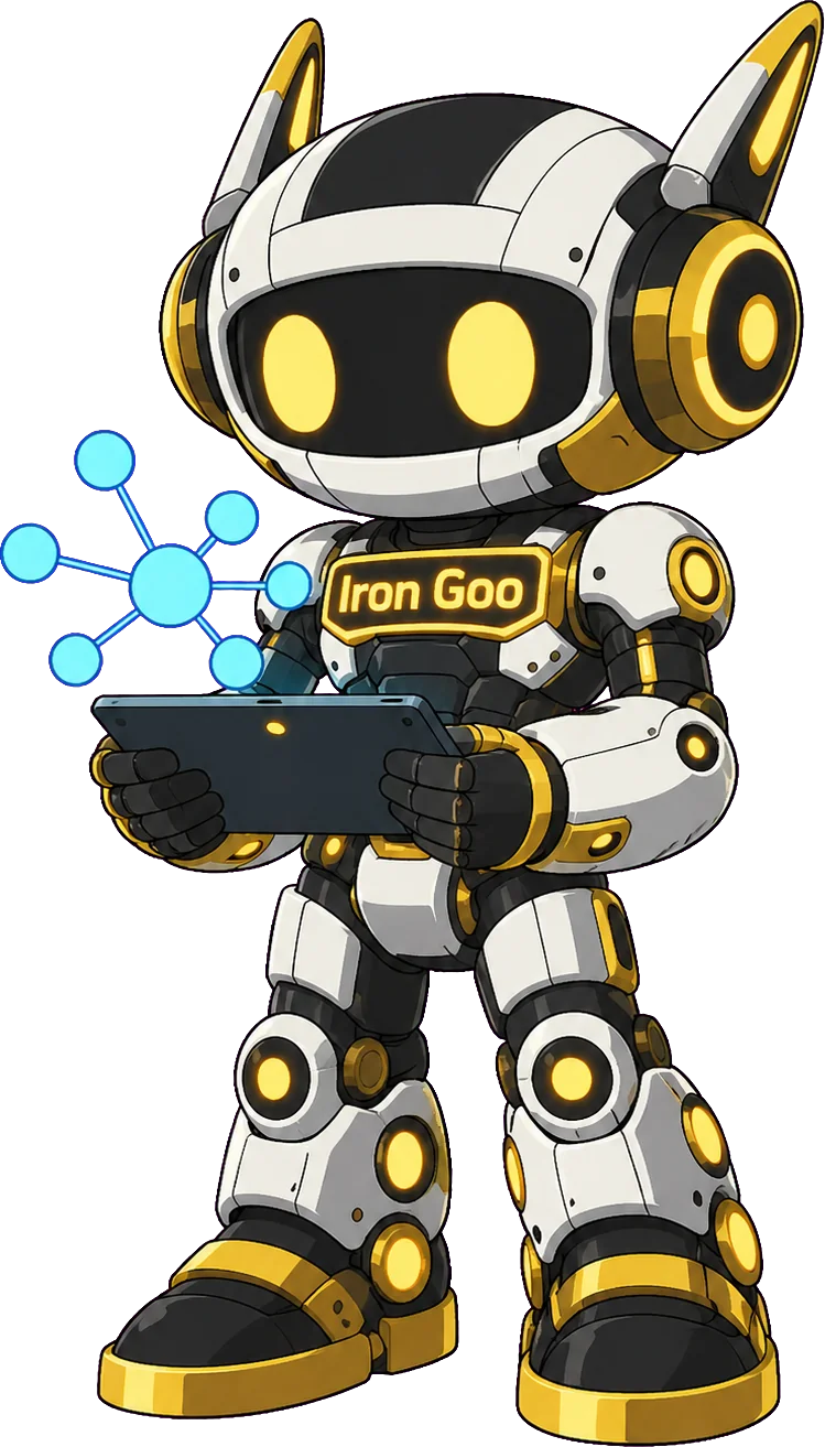 Iron Goo maskotu parlayan holografik entity-grafiği ekranı tutuyor; semantik SEO'nun entity öncüllü modelini gösteriyor.