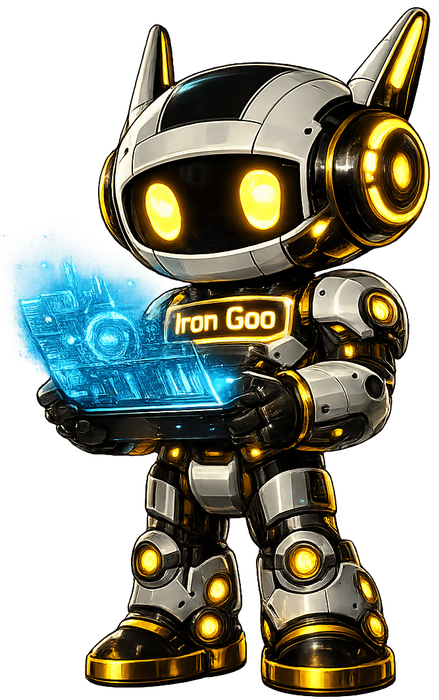 Iron Goo maskotu parlayan holografik entity-grafiği ekranı tutuyor; semantik SEO'nun entity öncüllü modelini gösteriyor.